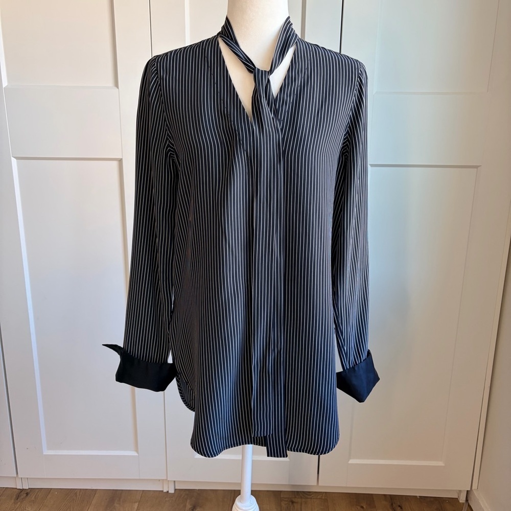 Rag & Bone Silk Black Blouse With White Stripes Black Cuff Neck Tie | 6